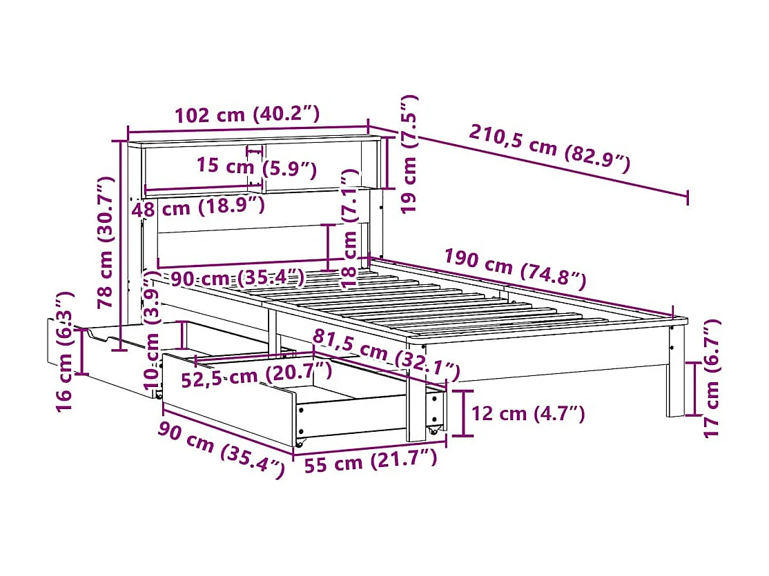 Bed met boekenkast zonder matras grenenhout wit 90x190 cm