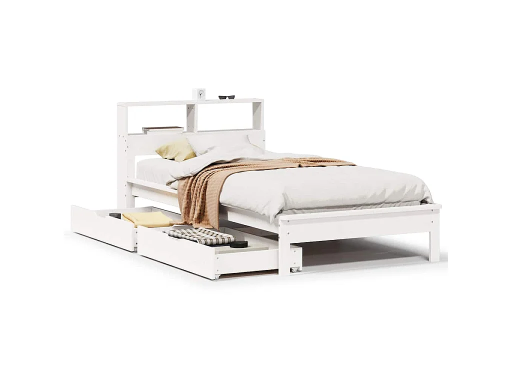 Lit bibliothèque sans matelas blanc 90x190cm bois de pin massif