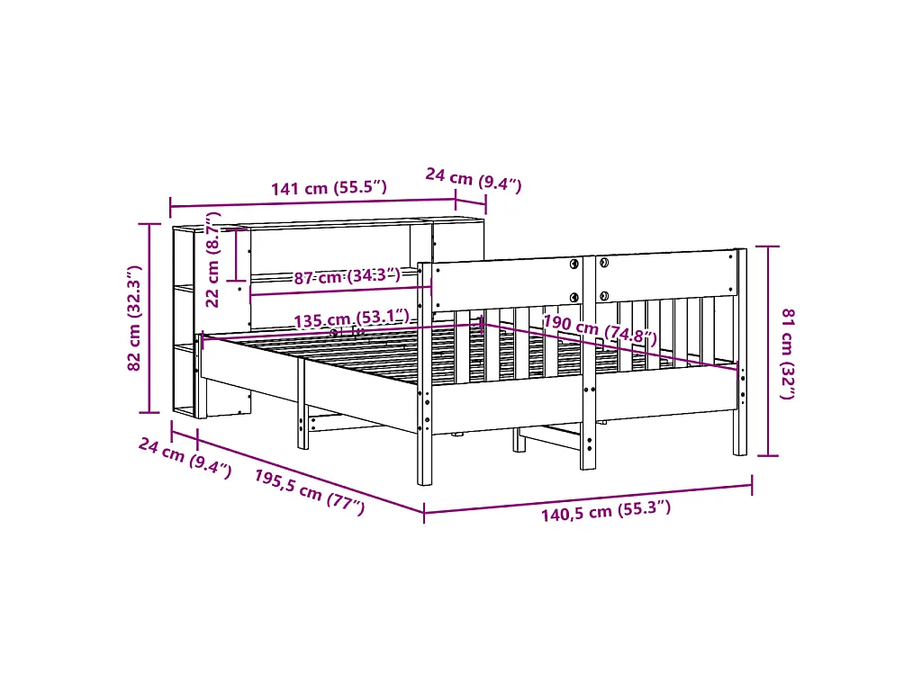 Cama com estante sem colchão 135x190 cm pinho maciço branco