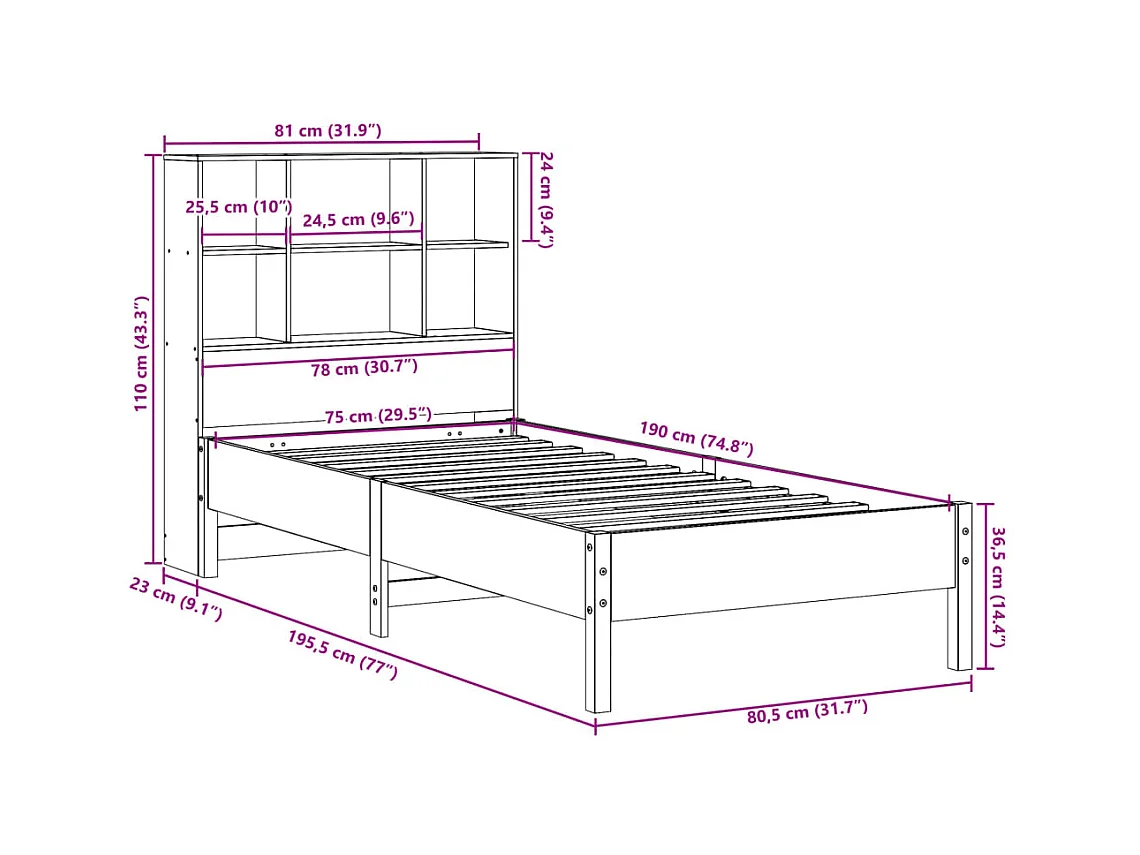 Lit bibliothèque sans matelas cire marron 75x190 cm pin massif
