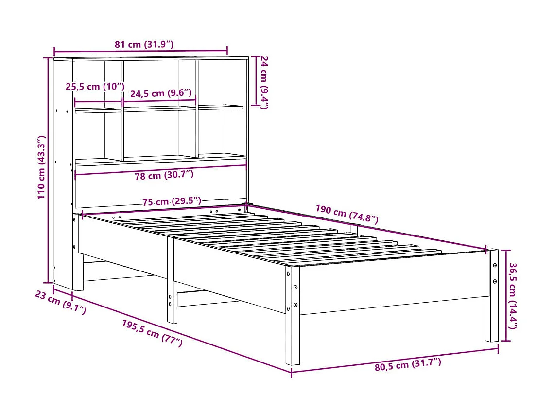 Lit bibliothèque sans matelas cire marron 75x190 cm pin massif