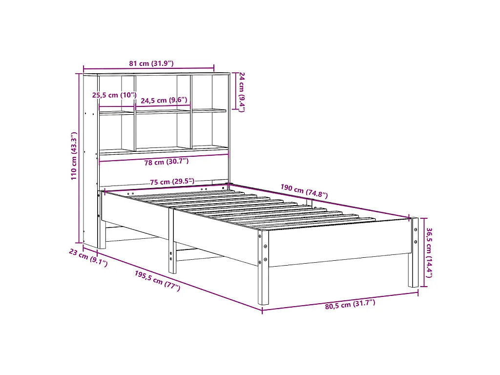 Letto Libreria senza Materasso Marrone Cera 75x190 cm in Pino