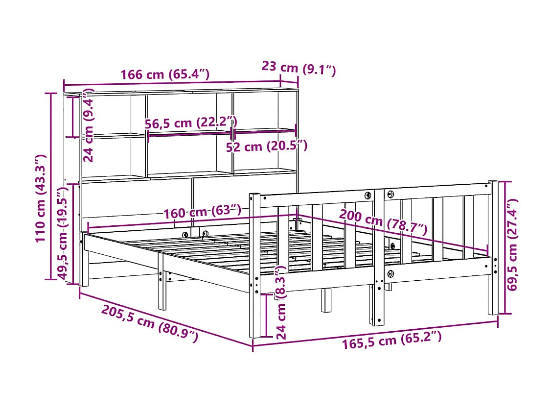Lit bibliothèque sans matelas blanc 160x200 cm bois pin massif