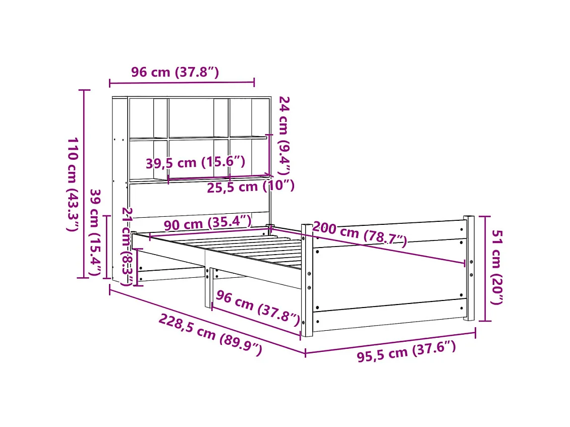 Lit bibliothèque sans matelas 90x200 cm bois de pin massif