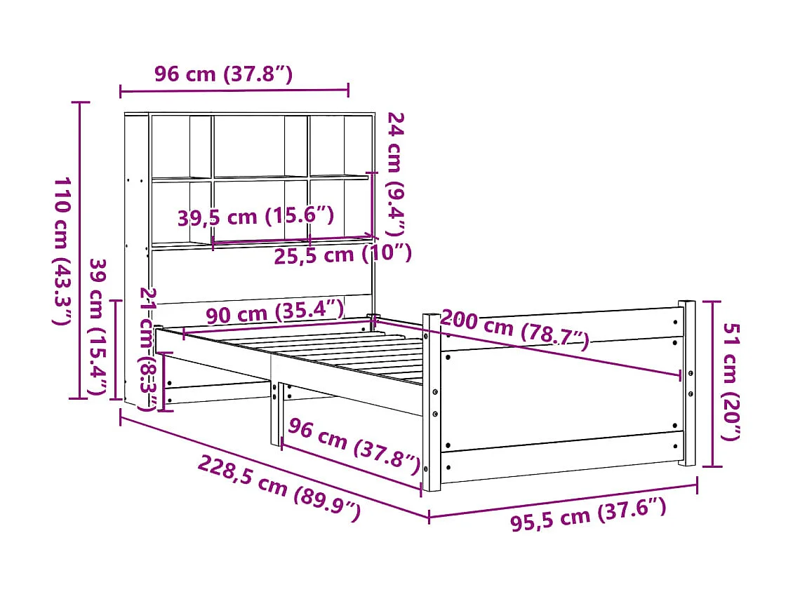 Massivholzbett mit Regal ohne Matratze 90x200 cm Kiefer