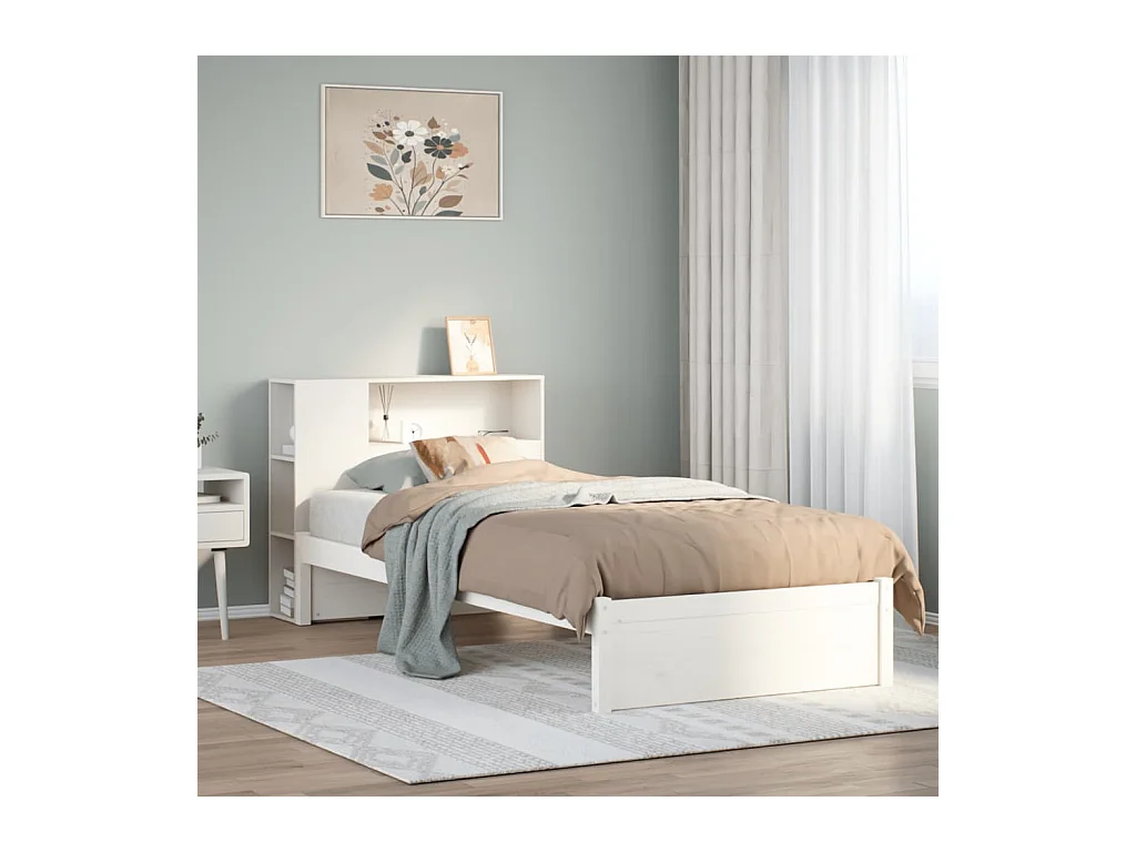 Lit bibliothèque sans matelas blanc 90x200cm bois de pin massif