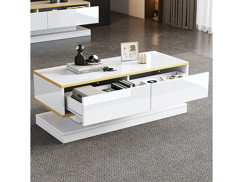 Table basse blanc chaud 2 grands tiroirs salon bord doré dessus large dessous large