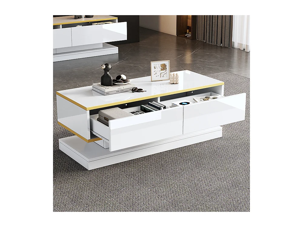 Table basse blanc chaud 2 grands tiroirs salon bord doré dessus large dessous large