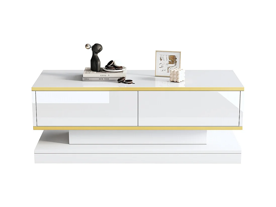 Table basse blanc chaud 2 grands tiroirs salon bord doré dessus large dessous large