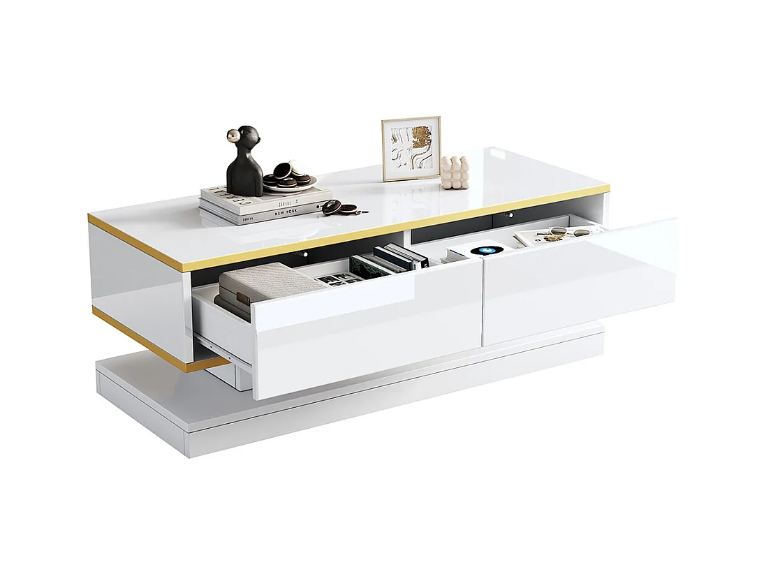 Table basse blanc chaud 2 grands tiroirs salon bord doré dessus large dessous large