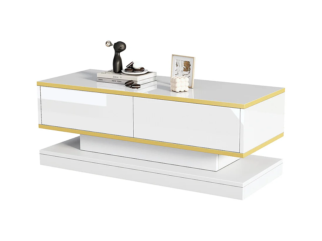 Table basse blanc chaud 2 grands tiroirs salon bord doré dessus large dessous large