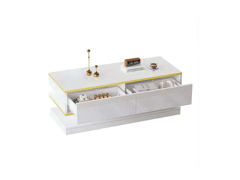 Table basse blanc chaud 2 grands tiroirs salon bord doré dessus large dessous large