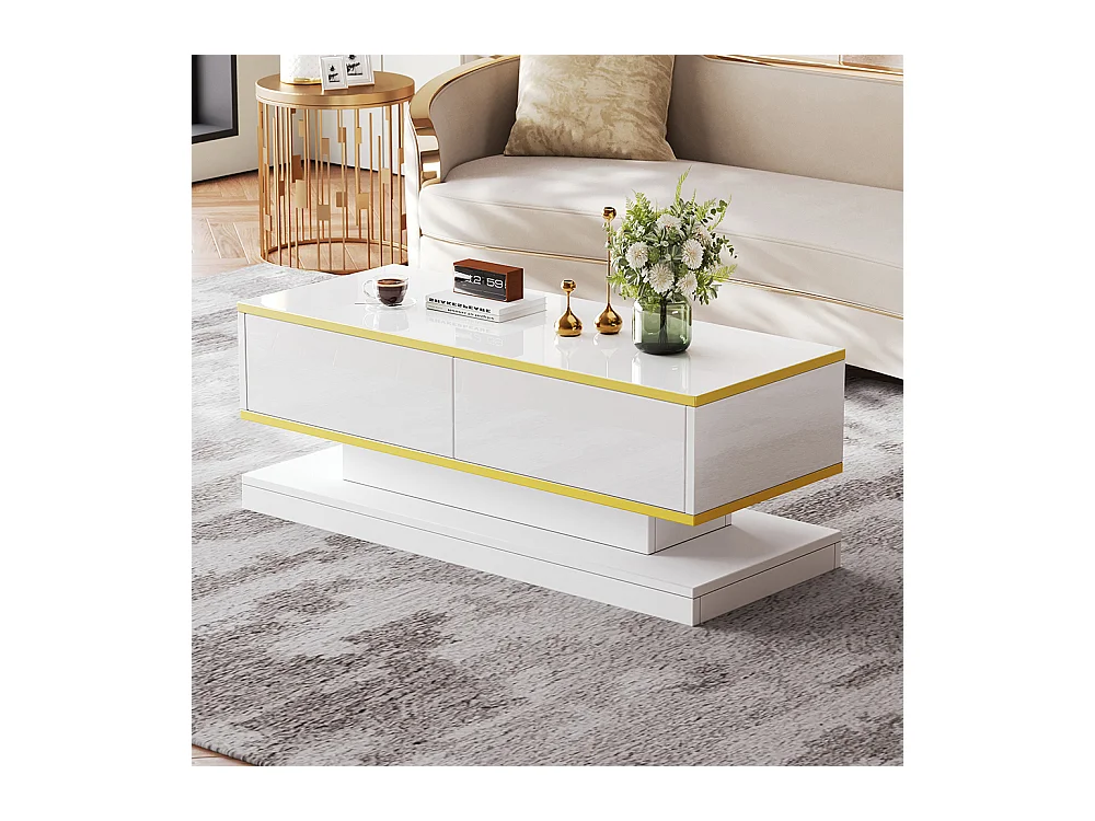 Table basse blanc chaud 2 grands tiroirs salon bord doré dessus large dessous large