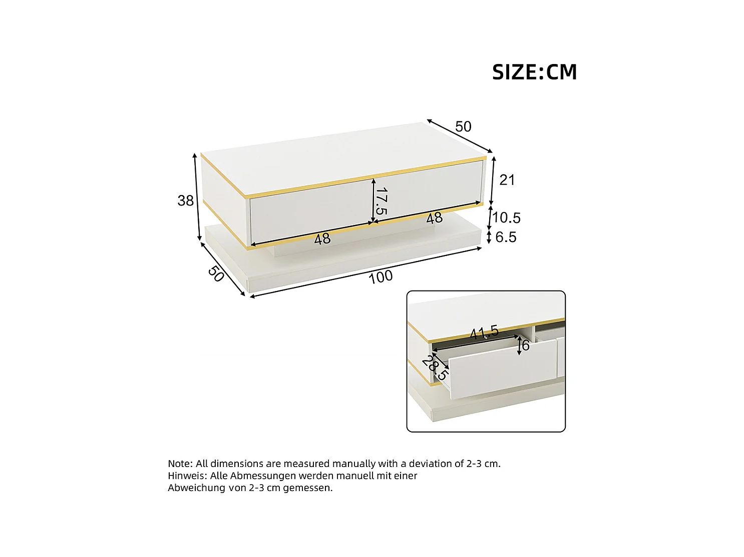 Table basse blanc chaud 2 grands tiroirs salon bord doré dessus large dessous large