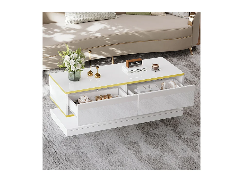 Table basse blanc chaud 2 grands tiroirs salon bord doré dessus large dessous large