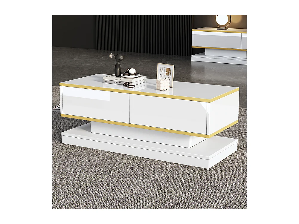 Table basse blanc chaud 2 grands tiroirs salon bord doré dessus large dessous large