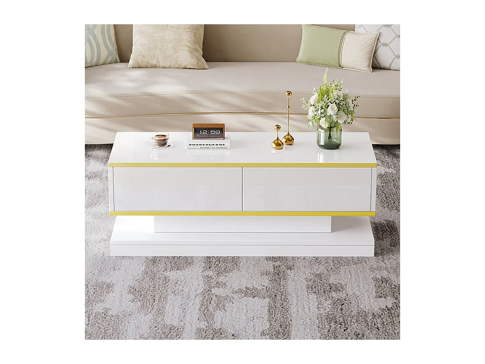 Table basse blanc chaud 2 grands tiroirs salon bord doré dessus large dessous large