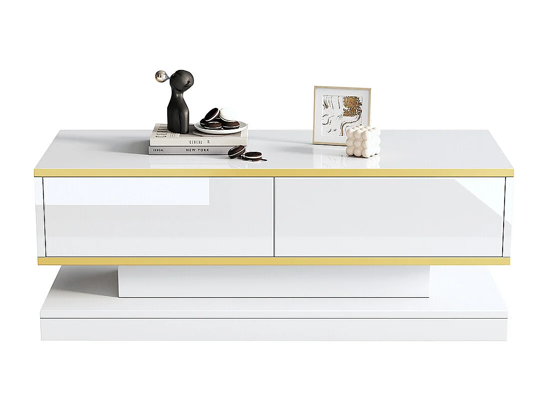 Table basse blanc chaud 2 grands tiroirs salon bord doré dessus large dessous large