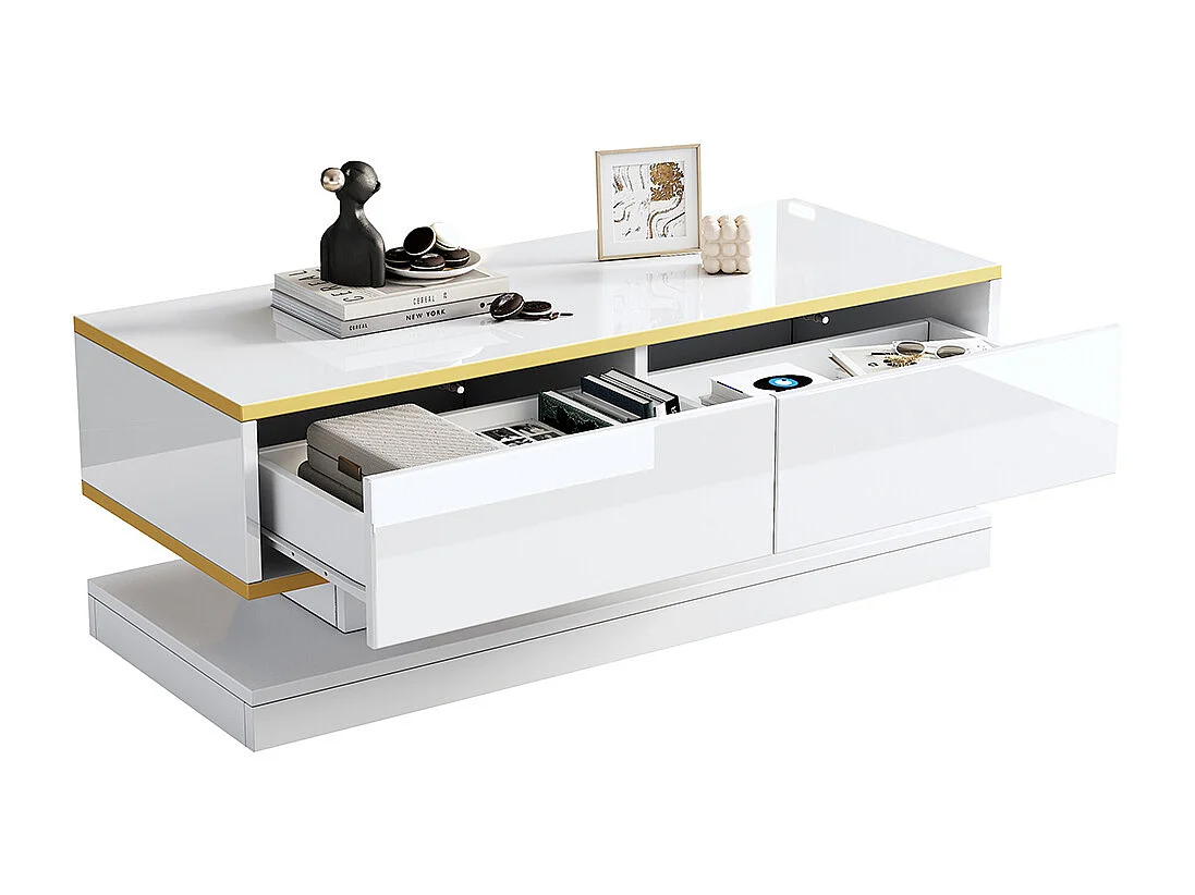 Table basse blanc chaud 2 grands tiroirs salon bord doré dessus large dessous large