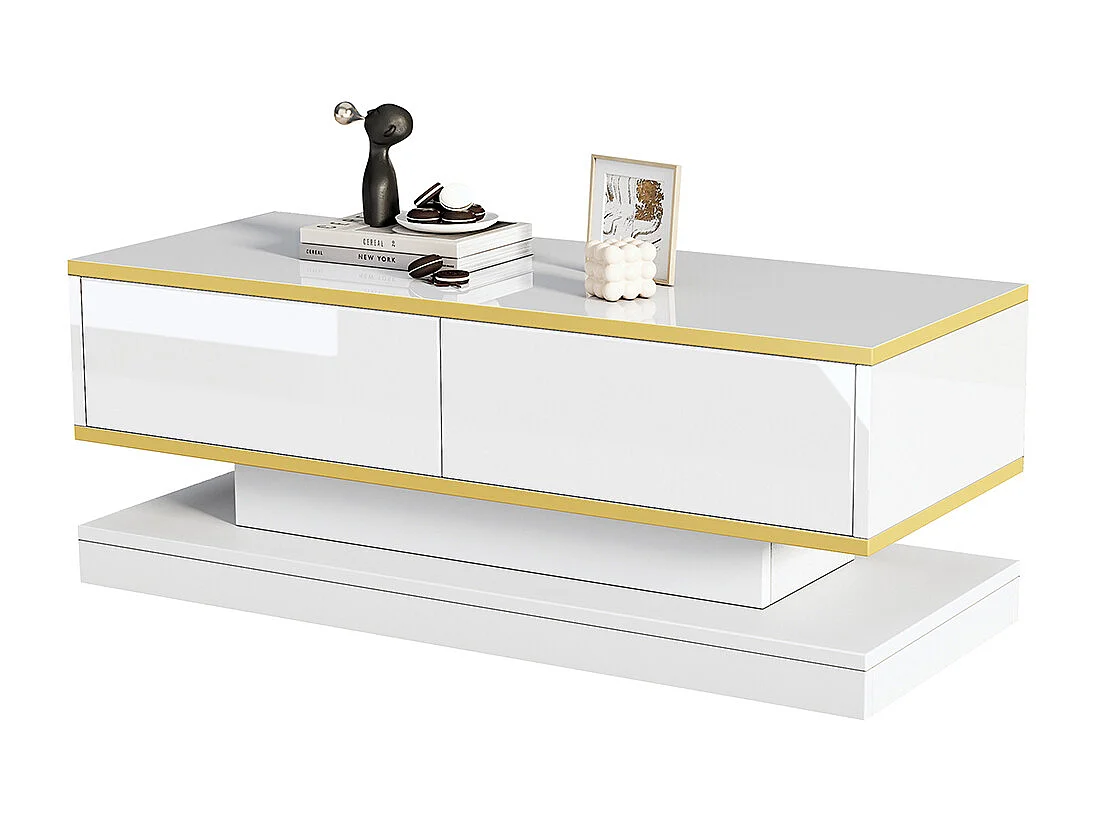 Table basse blanc chaud 2 grands tiroirs salon bord doré dessus large dessous large