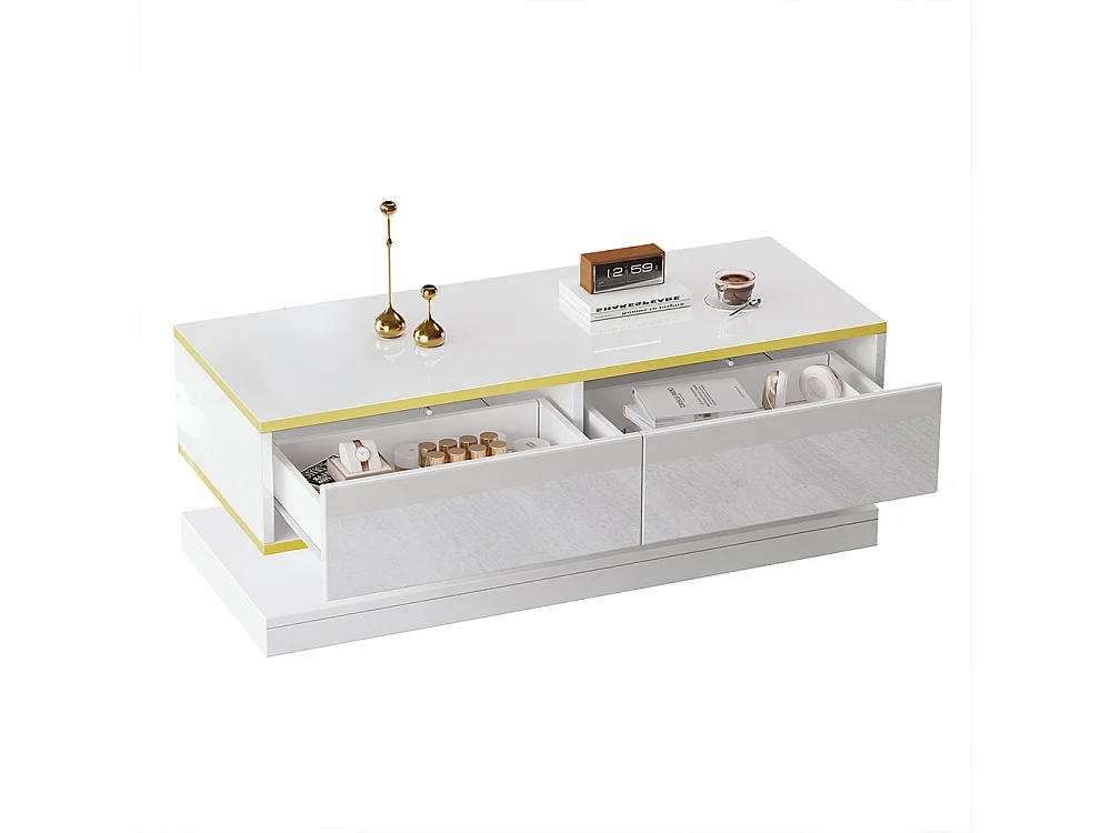 Table basse blanc chaud 2 grands tiroirs salon bord doré dessus large dessous large