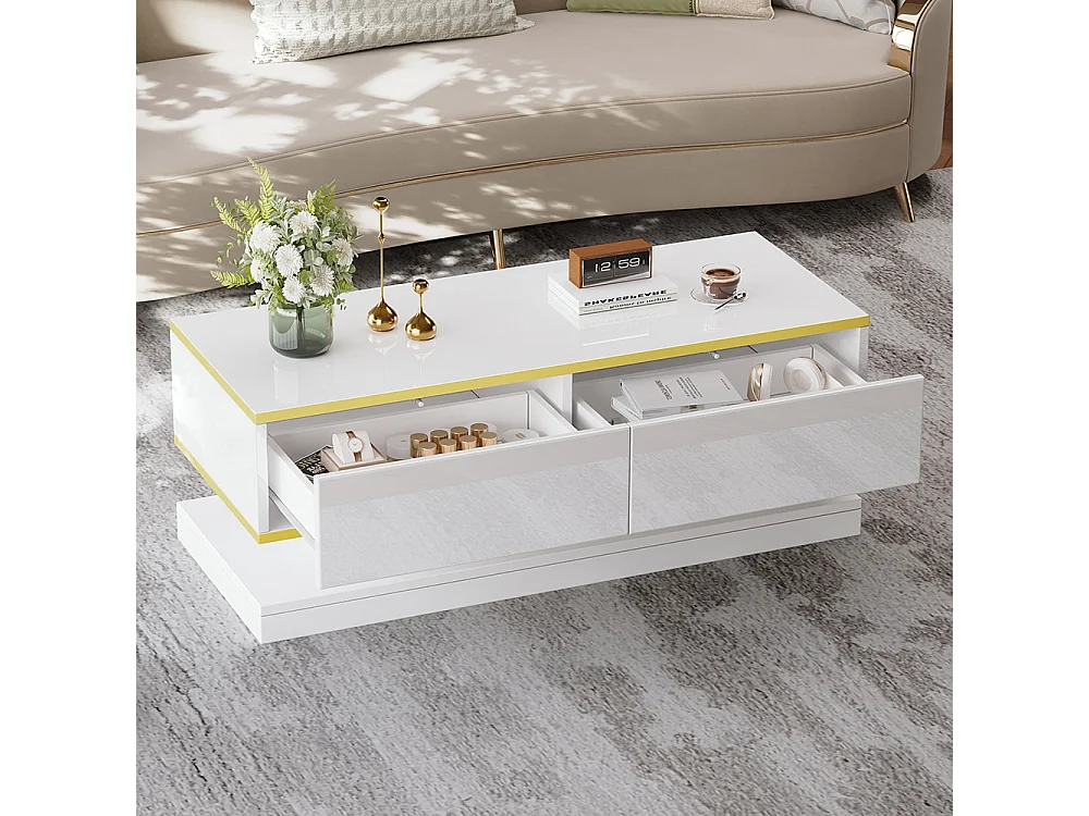 Table basse blanc chaud 2 grands tiroirs salon bord doré dessus large dessous large