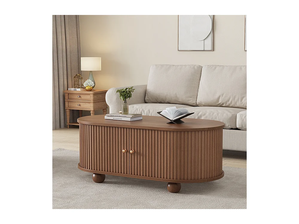 Table basse noyer 4 pieds rangement portes coulissantes 360° multifonction petit encombrement