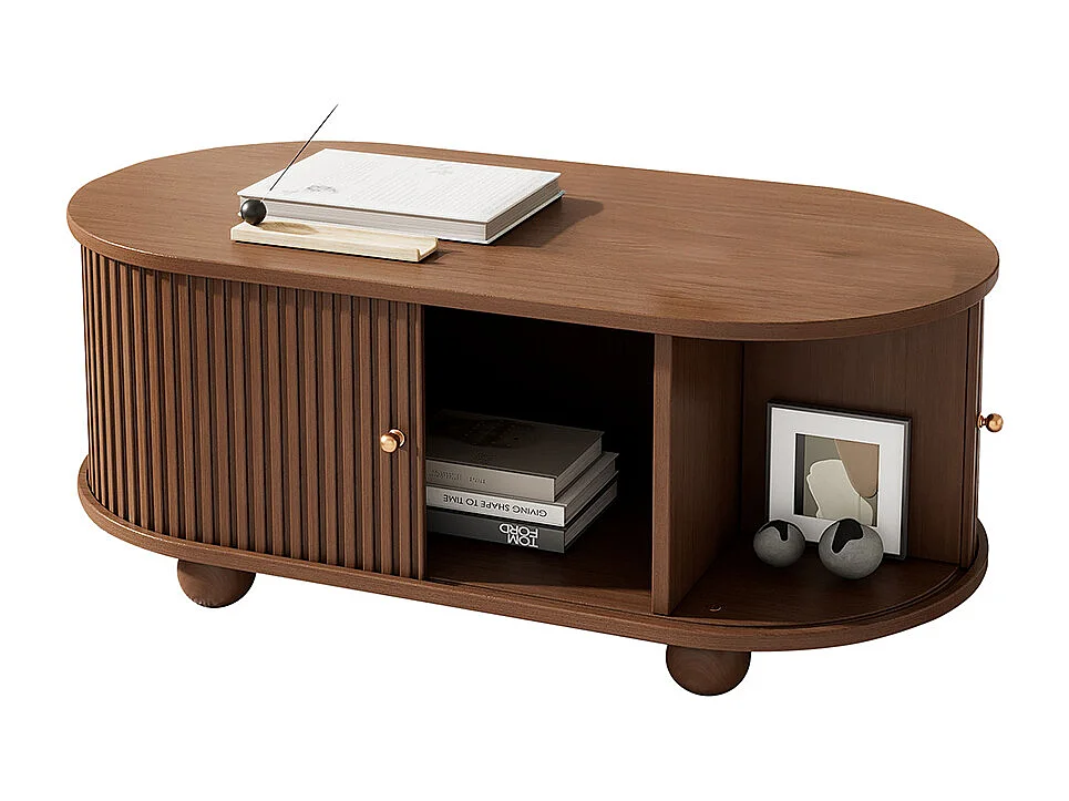 Table basse noyer 4 pieds rangement portes coulissantes 360° multifonction petit encombrement