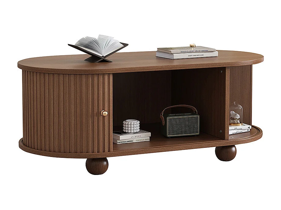 Table basse noyer 4 pieds rangement portes coulissantes 360° multifonction petit encombrement