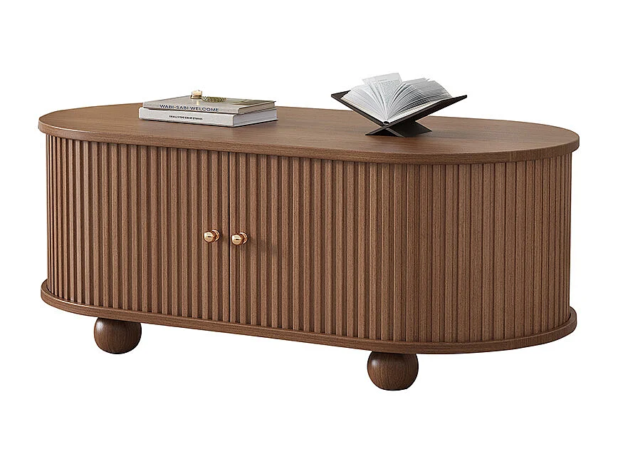 Table basse noyer 4 pieds rangement portes coulissantes 360° multifonction petit encombrement