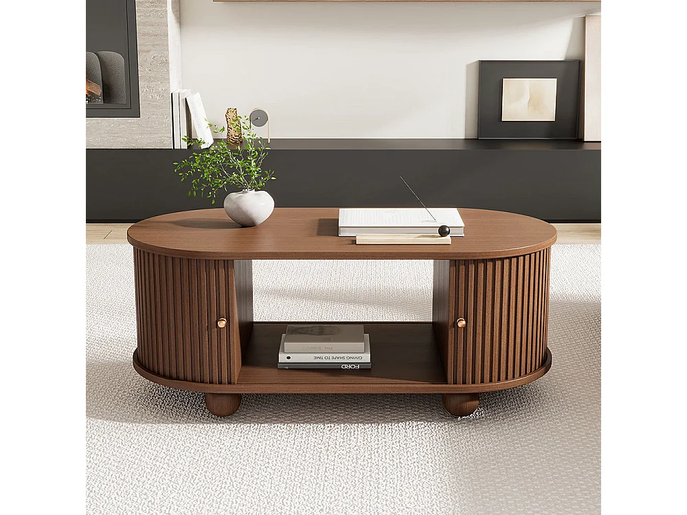 Table basse noyer 4 pieds rangement portes coulissantes 360° multifonction petit encombrement