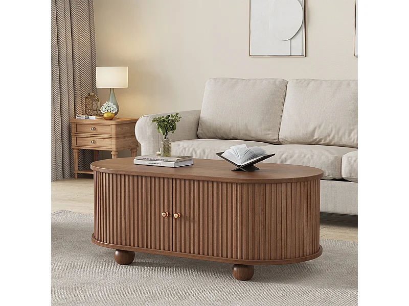 Table basse noyer 4 pieds rangement portes coulissantes 360° multifonction petit encombrement