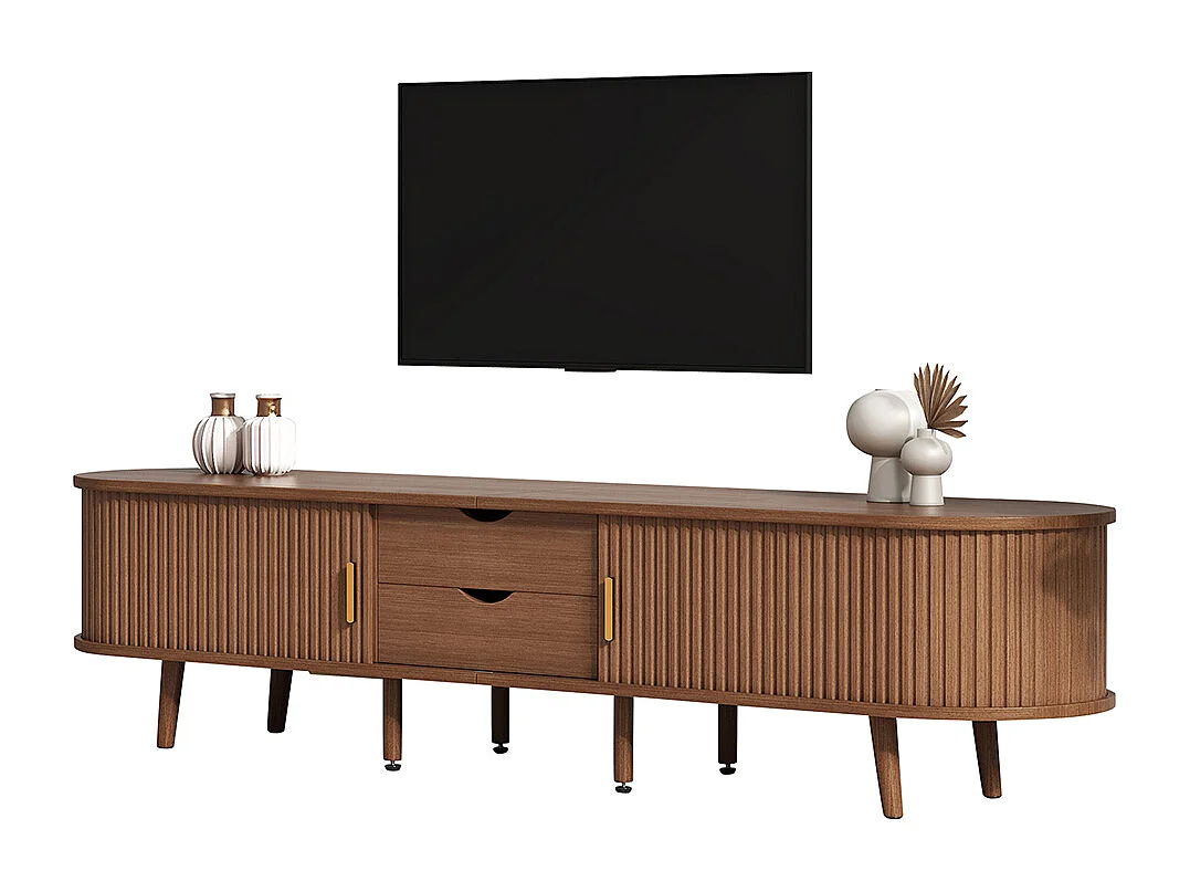 Meuble TV noyer 175x40x42 cm rangement plateau rond MDF 2 tiroirs portes télescopiques TV 75 pouces