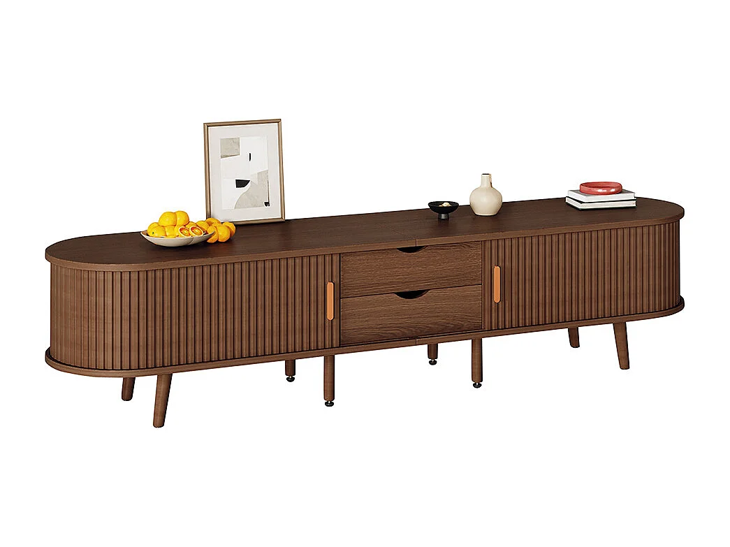 Meuble TV noyer 175x40x42 cm rangement plateau rond MDF 2 tiroirs portes télescopiques TV 75 pouces