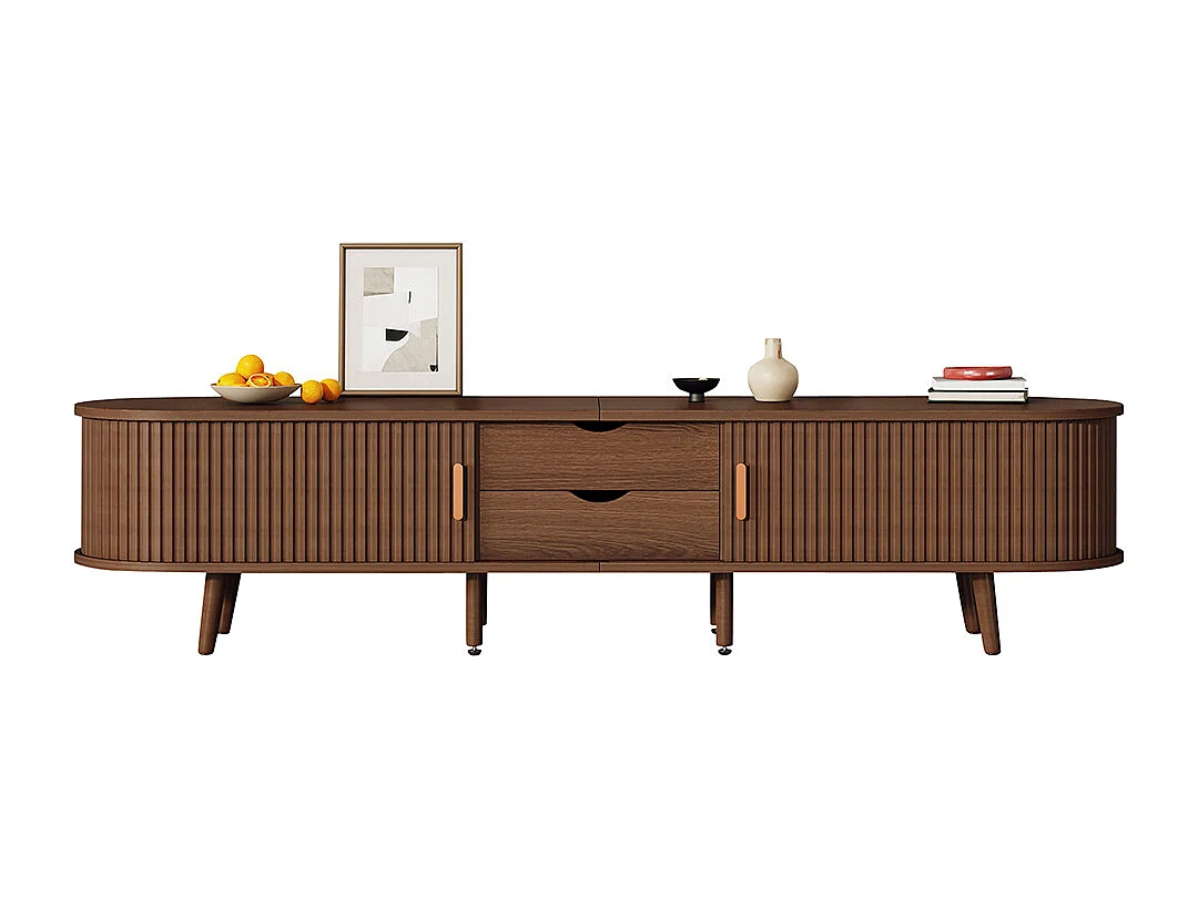 Meuble TV noyer 175x40x42 cm rangement plateau rond MDF 2 tiroirs portes télescopiques TV 75 pouces