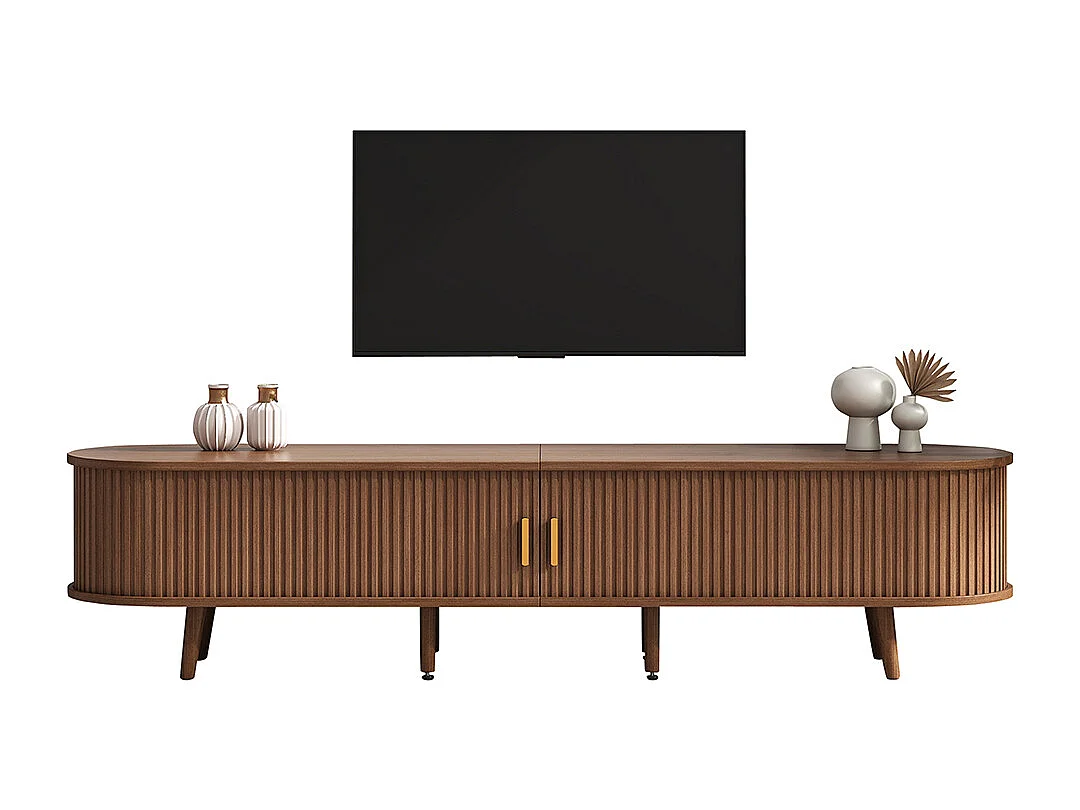 Meuble TV noyer 175x40x42 cm rangement plateau rond MDF 2 tiroirs portes télescopiques TV 75 pouces