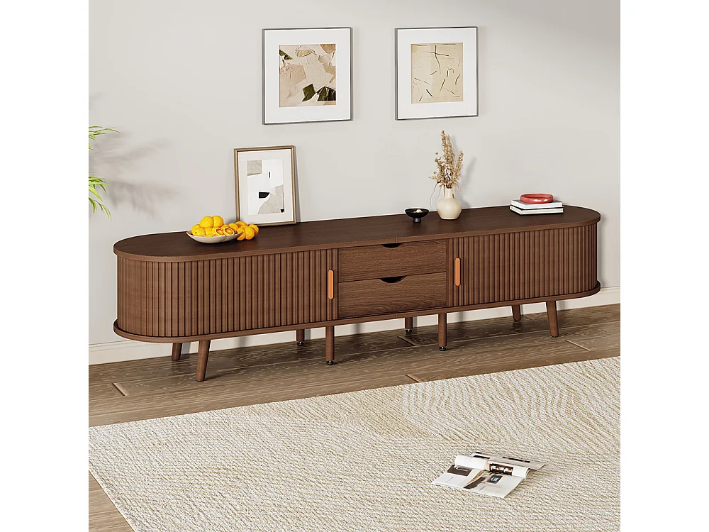 Meuble TV noyer 175x40x42 cm rangement plateau rond MDF 2 tiroirs portes télescopiques TV 75 pouces