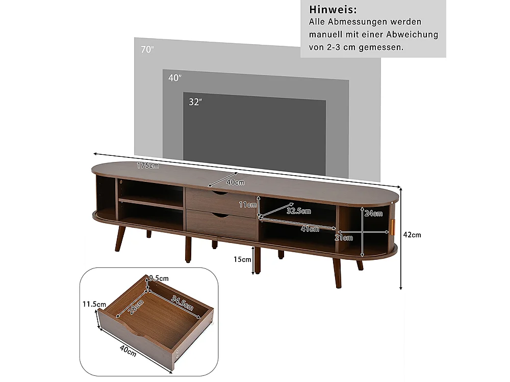 Meuble TV noyer 175x40x42 cm rangement plateau rond MDF 2 tiroirs portes télescopiques TV 75 pouces
