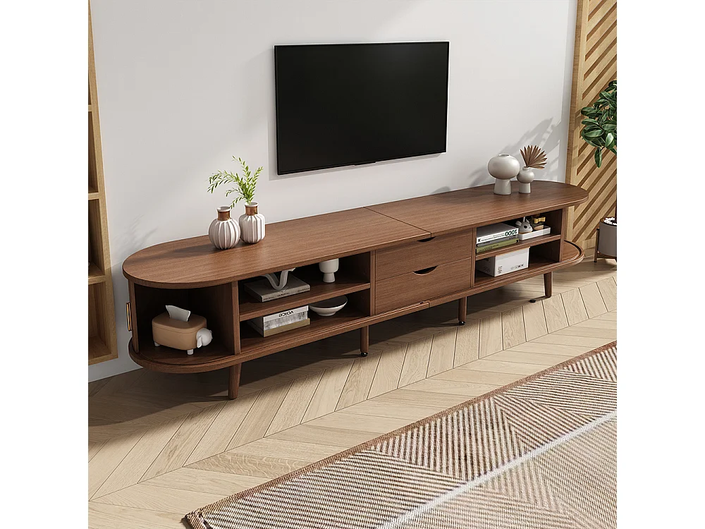Meuble TV noyer 175x40x42 cm rangement plateau rond MDF 2 tiroirs portes télescopiques TV 75 pouces