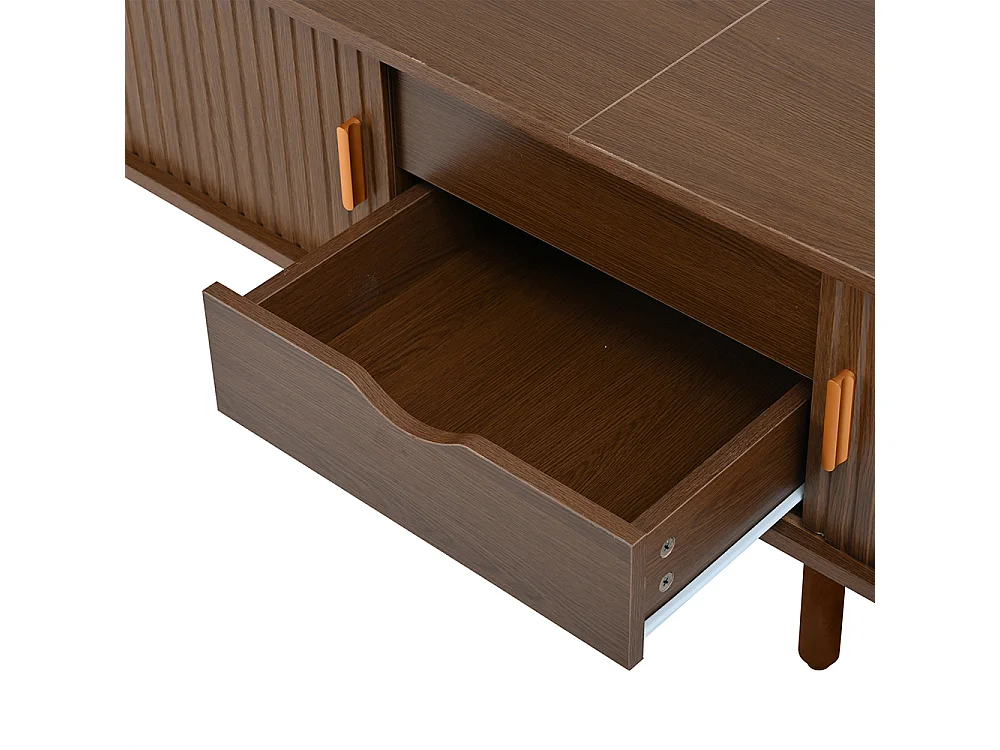 Meuble TV noyer 175x40x42 cm rangement plateau rond MDF 2 tiroirs portes télescopiques TV 75 pouces