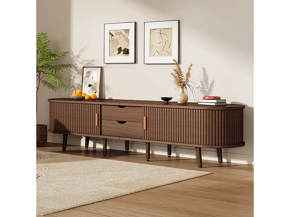 Meuble TV noyer 175x40x42 cm rangement plateau rond MDF 2 tiroirs portes télescopiques TV 75 pouces