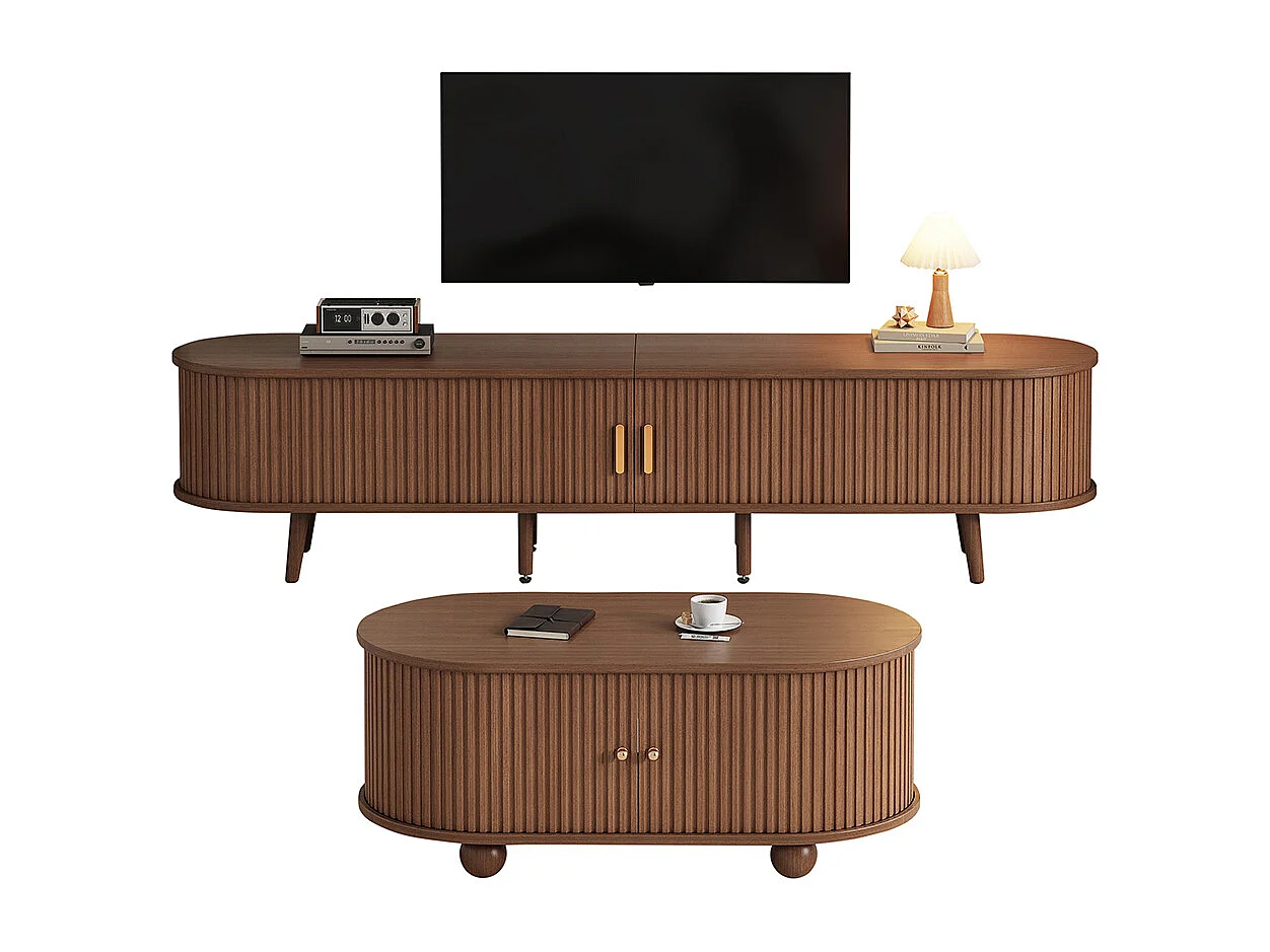 Meuble TV salon noyer MDF rangement combo tables basses 2 sets couleur bois original