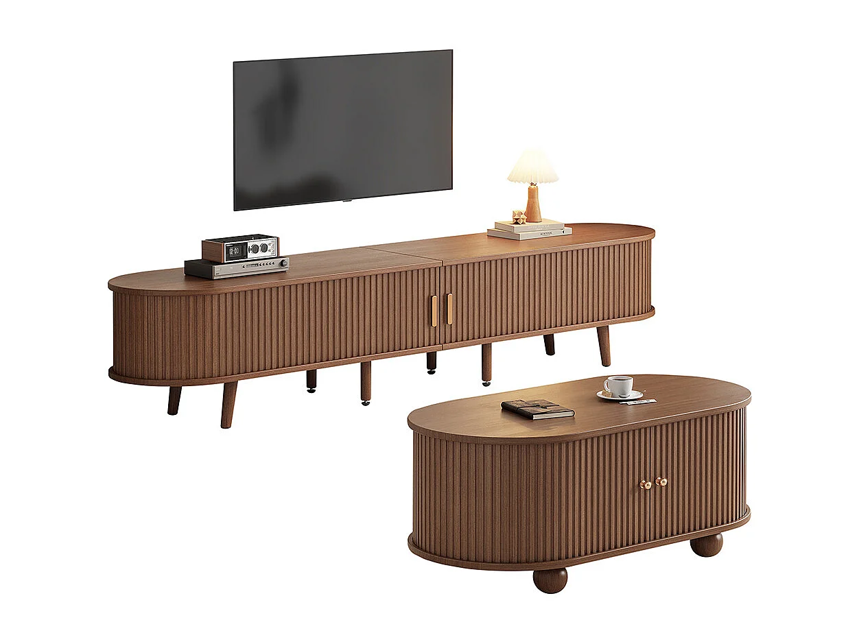Meuble TV salon noyer MDF rangement combo tables basses 2 sets couleur bois original