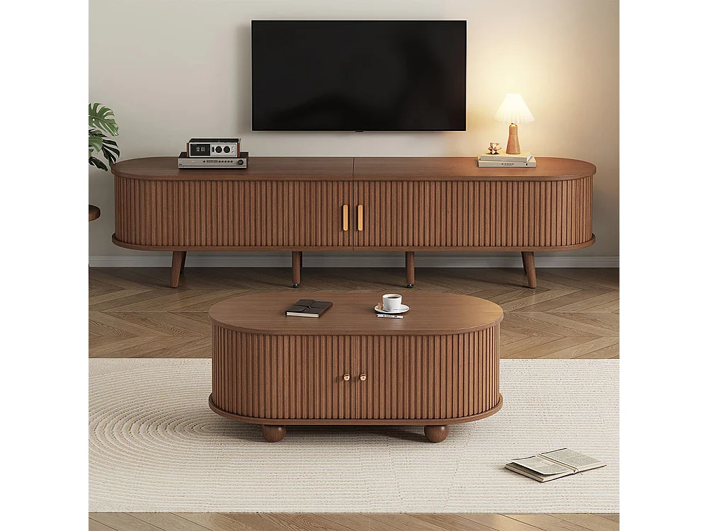 Meuble TV salon noyer MDF rangement combo tables basses 2 sets couleur bois original