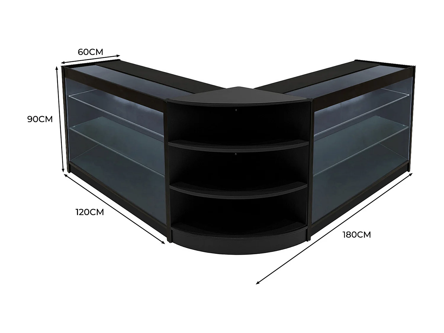 Set Bancone Nero Apollo LED K1200 LM60 con Vetrina Espositiva 3 Ripiani