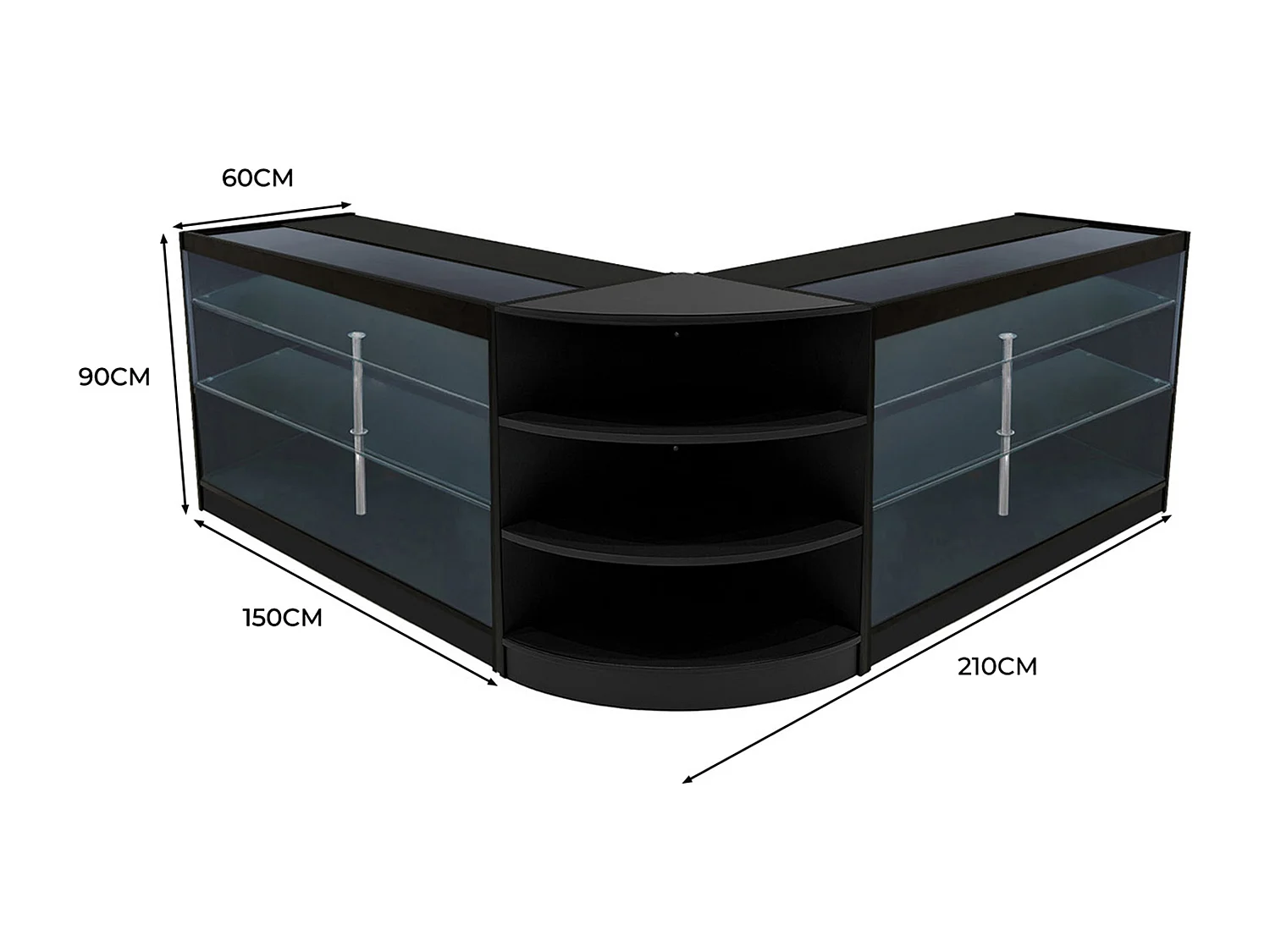 Set Bancone Nero Apollo LED K1500 LM60 con Vetrina Espositiva 3 Ripiani