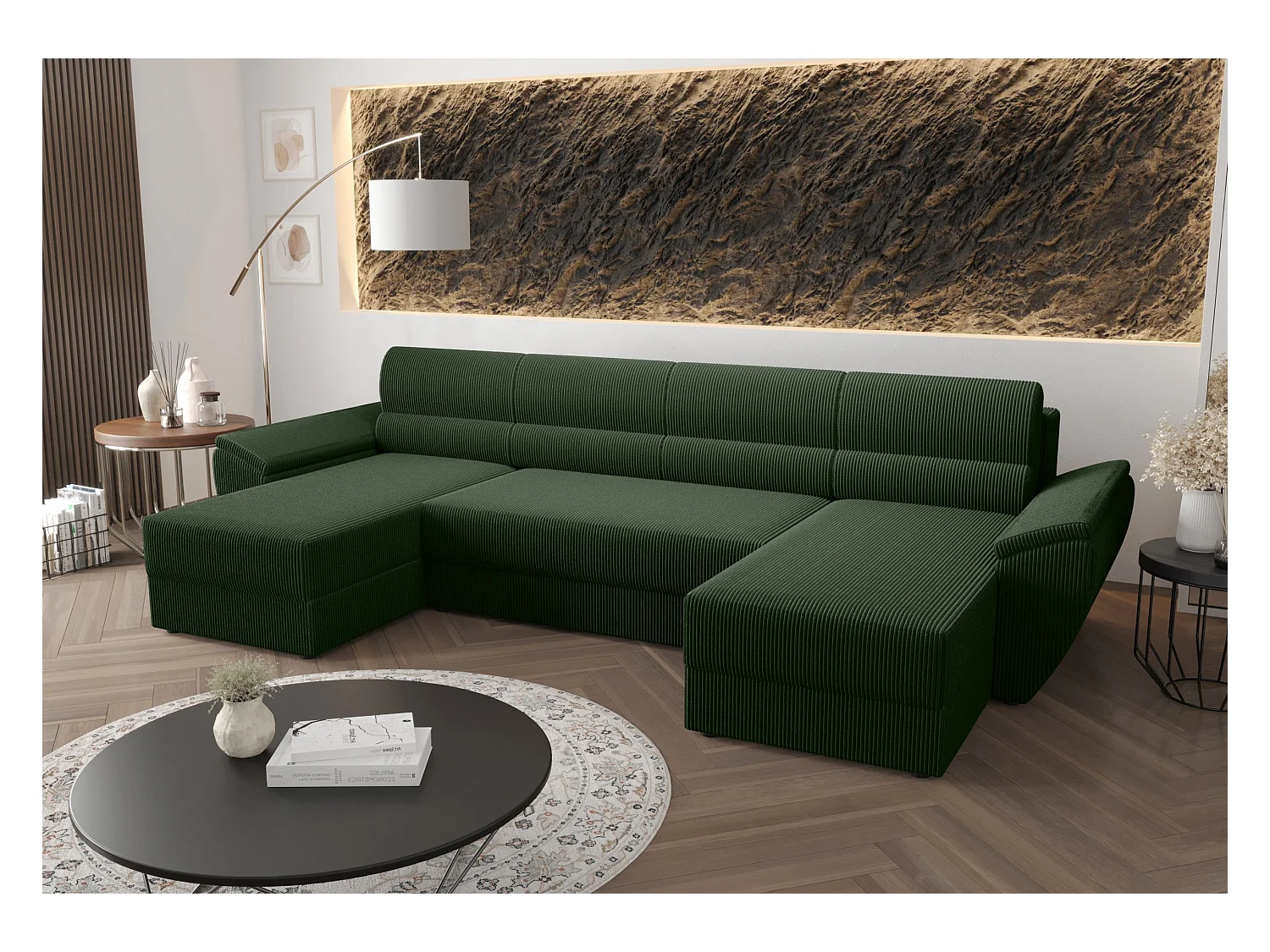BEDANTE canapé d’angle REBIU2 Poso 14 vert foncé avec fonction de couchage canapé en U avec espace de rangement