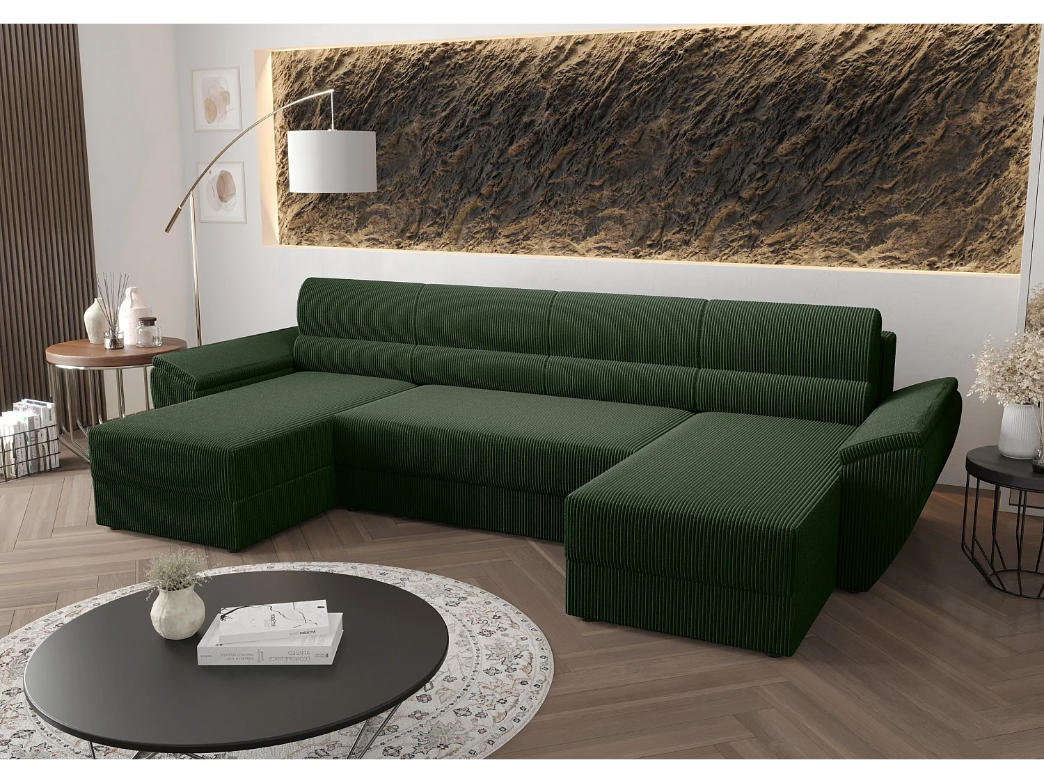 BEDANTE canapé d’angle REBIU2 Poso 14 vert foncé avec fonction de couchage canapé en U avec espace de rangement