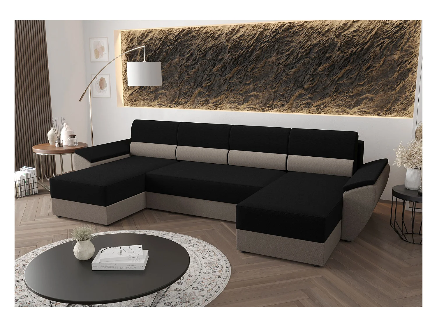 BEDANTE hoekbank REBIU2 RAINBOW 15+83 zwart/beige met slaapfunctie U-vormige bank met opbergruimte Bettkasten woonkamerbank, slaapbank, bank met opbergruimte