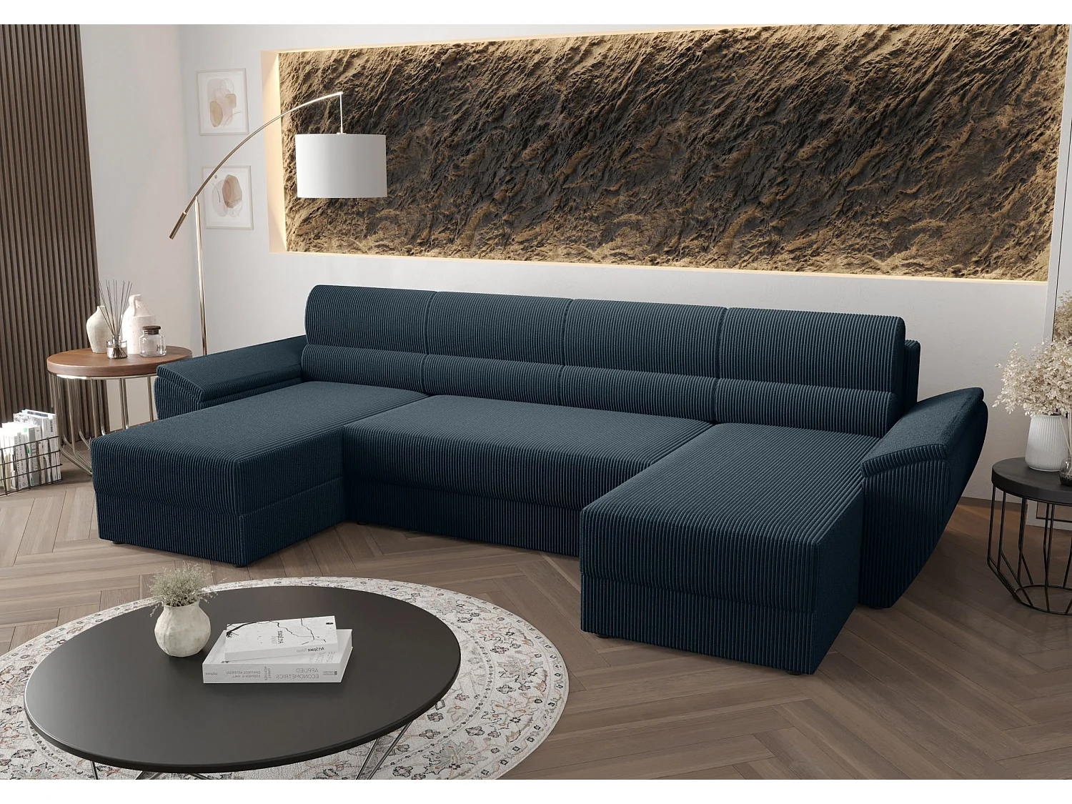 BEDANTE canapé d’angle REBIU2 Poso 05 bleu foncé avec fonction de couchage canapé en U avec espace de rangement